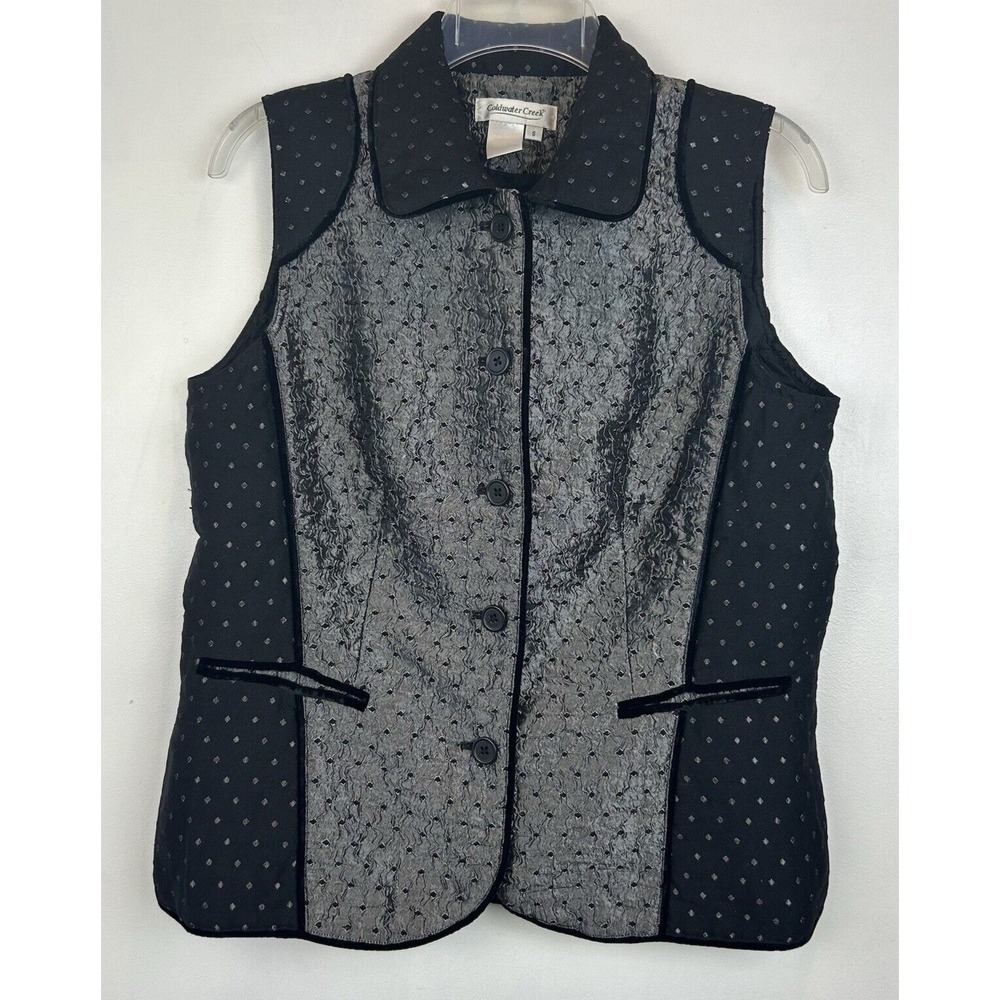 Coldwater Creek Vest Womens Small Collared Button Black Silver Lined Preppy